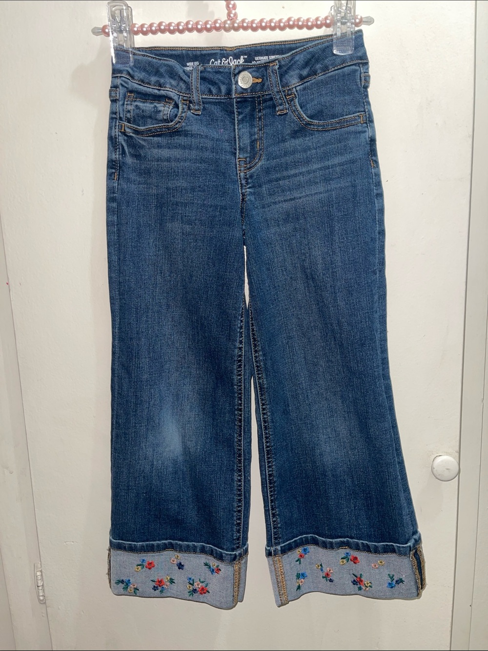 Cat & Jack Girls' Dark Blue Embroidered Cuff Wide-Leg Jeans Sz 6